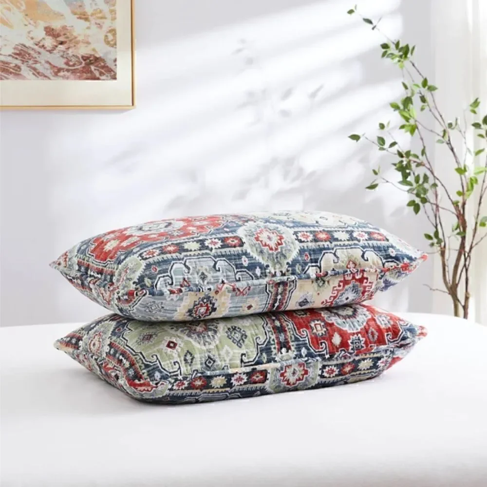 Boho Batik Style Bohemian Print Muted Block Oversized Queen Quilt Set